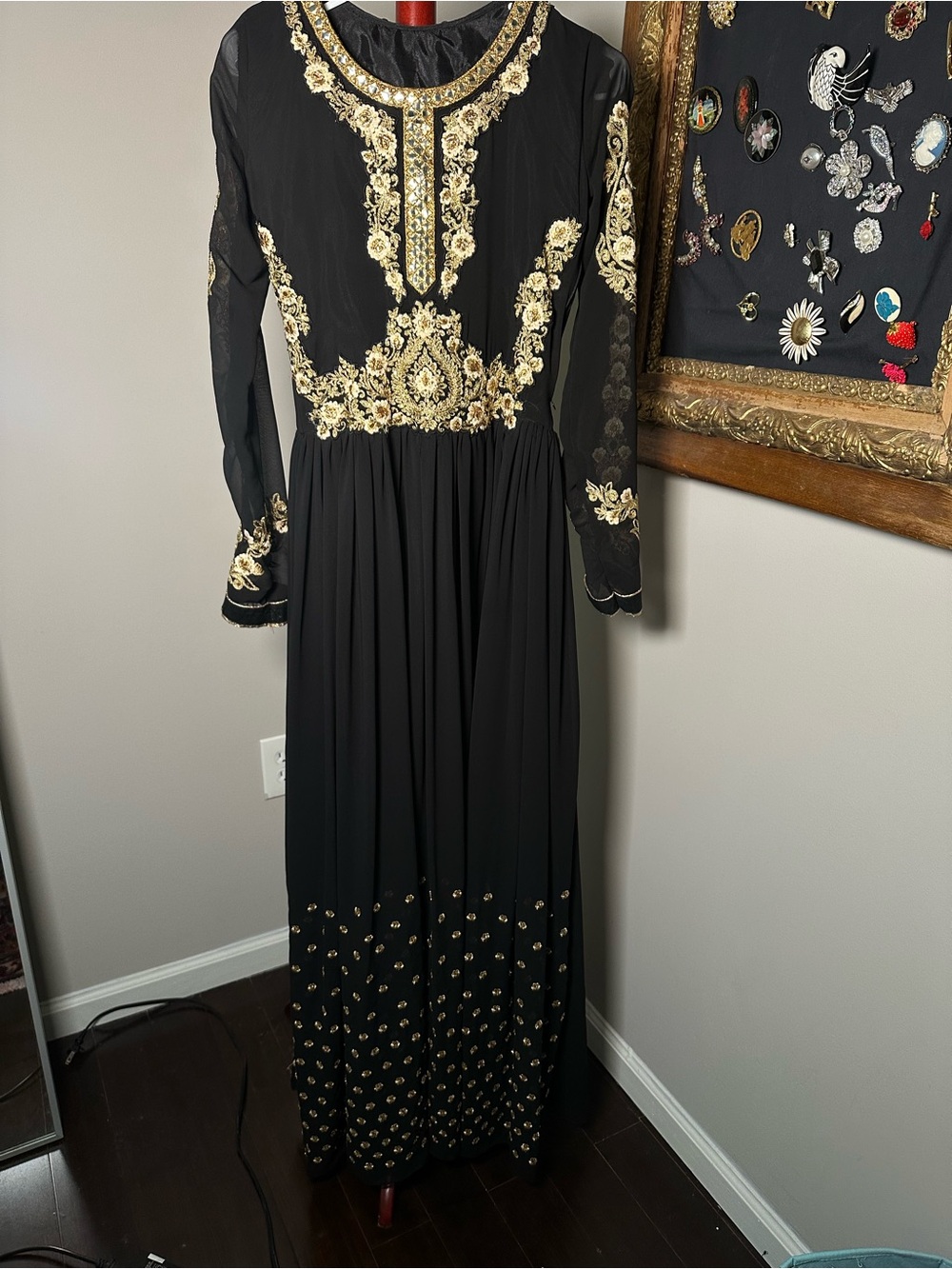 Black Maxi Dress with Gold Embroidered pants size XS